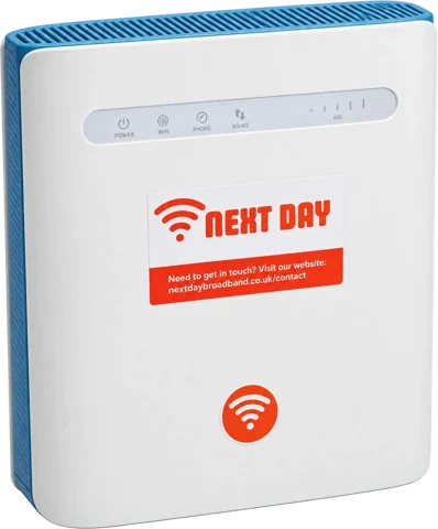 Everyday plug-in broadband router: white plug-in 4G router with the Next Day label