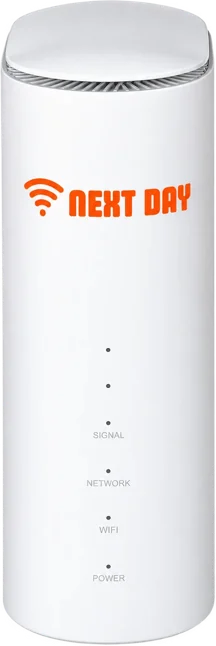 Everyday Plus plug-in broadband router: tall white 5G router with the Next Day logo