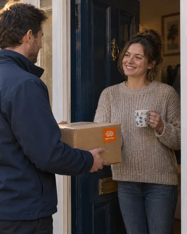 Parcel with an orange Next Day sticker being handed over at a front door