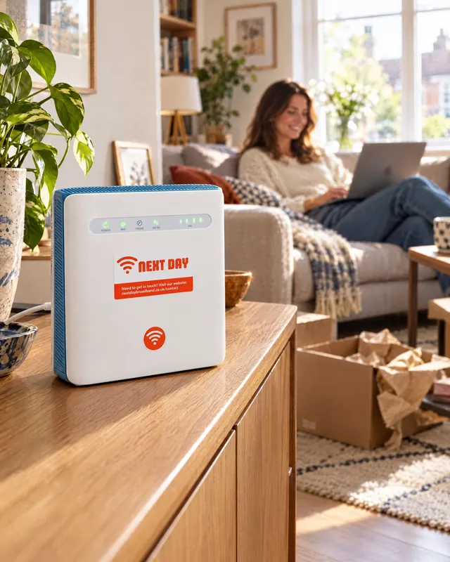 The Everyday router plugged in on a sideboard while a woman relaxes with her laptop