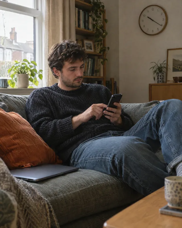 Man on a sofa ordering on his phone in the afternoon
