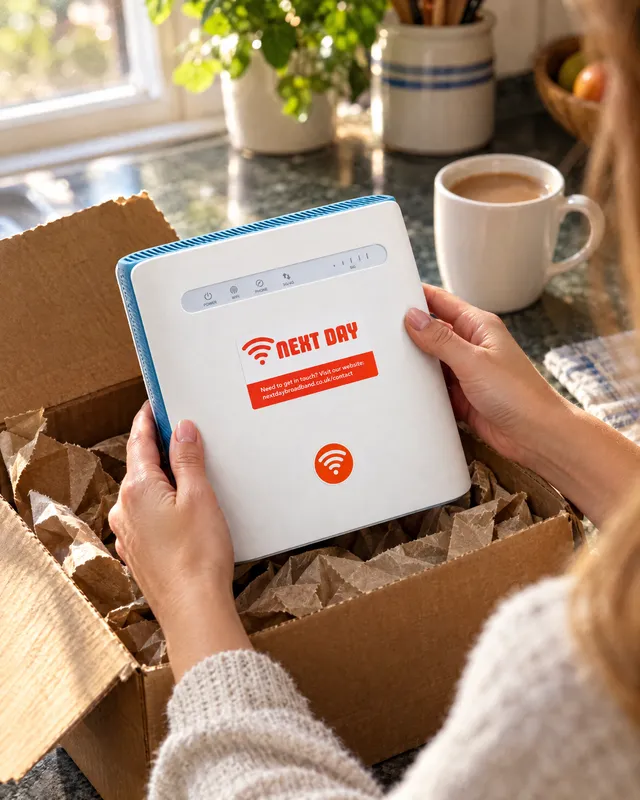 Hands lifting the Everyday router out of its box on a kitchen counter