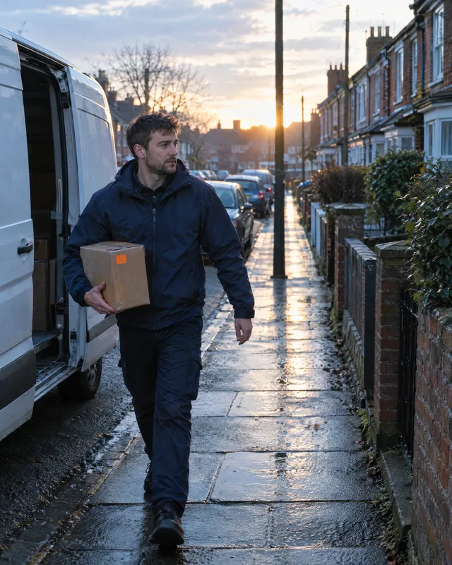 Delivery driver walking from a van with a parcel on an early-morning street